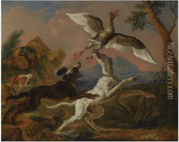 Three Hounds Chasing A Nesting Wild Goose In A Hillylandscape Oil Painting - Abraham Hondius