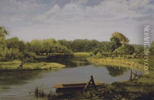 Fishing By The Pond Oil Painting - Edward Everard Arnold