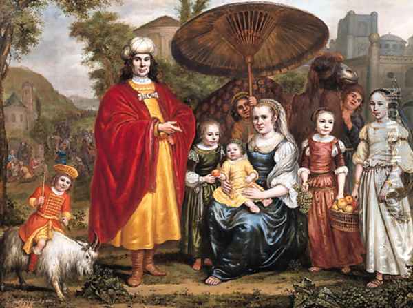 Portrait historie of a family in a landscape a gentleman, standing small full length and his wife, seated small full length Oil Painting - Jan Victors