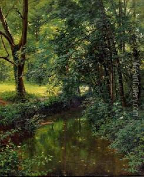 Waldpartie Mit Bachlauf Im Sonnenschein. Oil Painting - Henri Biva