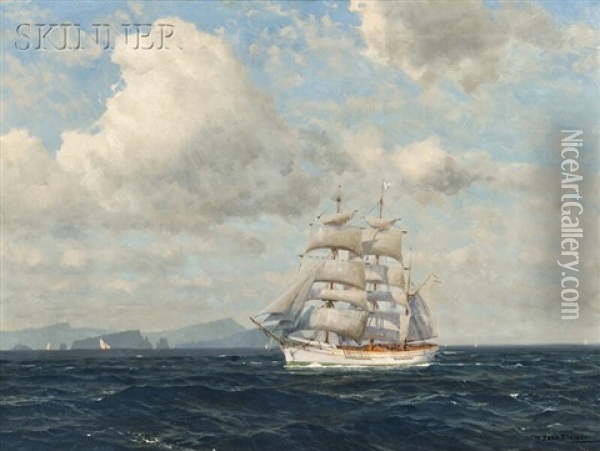 Square-rigged Ship Under Sail, Coastal Craft And Cliffs Beyond Oil Painting - Michael Zeno Diemer