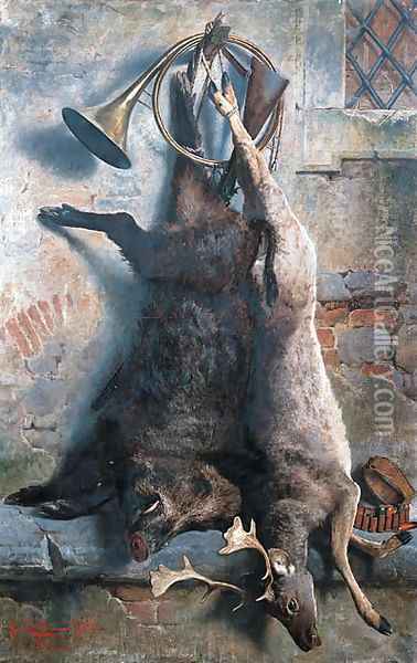 A Larder Still Life with a wild Boar and a Stag Oil Painting - Pietro Costa