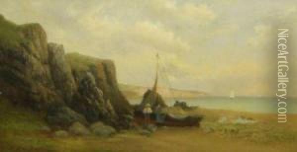 Coastal Scene With Figures And Boat Oil Painting - Frank Rawlings Offer