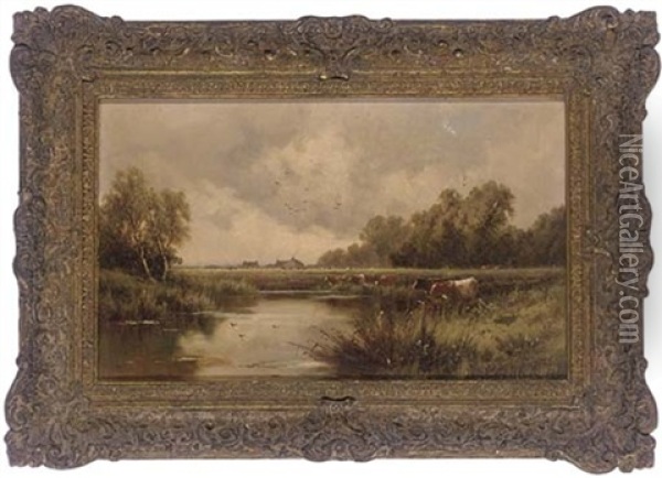 Cattle Watering In A River Landscape Oil Painting - Henry H. Parker