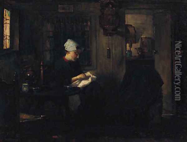 A Woman Seated Sewing In An Interior Oil Painting - Floris Arntzenius