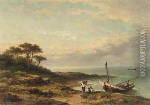 A Moored Fishing Boat Oil Painting - Johannes Hilverdink
