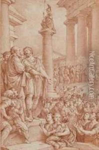 Idomenee, Dirigee Par Mentor, Rend Le Peuple De Salente Heureux Oil Painting - Charles-Nicolas I Cochin