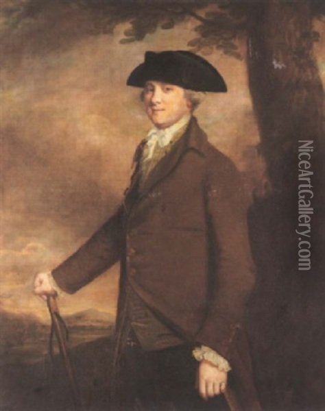 Portrait Of Coplestone Warre Bamfylde Standing In A Landscape Wearing A Brown Coat And Holding A Stick Oil Painting - Thomas Beach