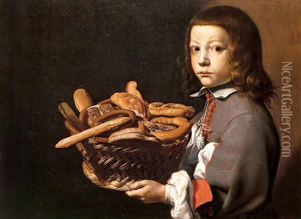 Boy with a Basket of Bread Oil Painting - Evaristo Baschenis