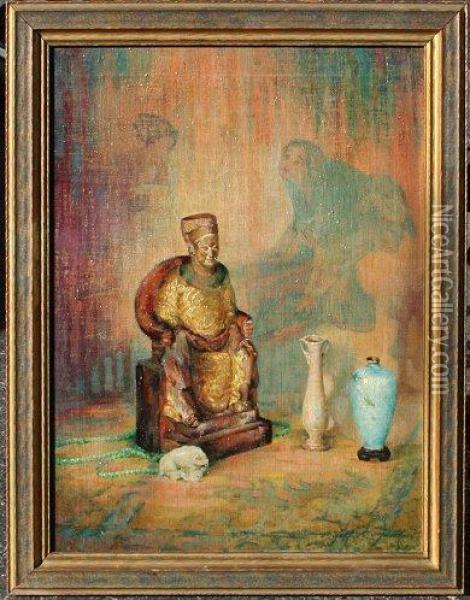 Oriental Still Life With Idol Oil Painting - Hallie Champlin-Hyde