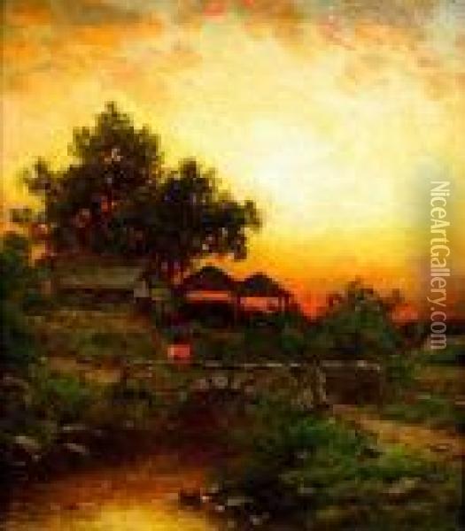 A Figure On A Bridge At Sunset Oil Painting - George W. Waters