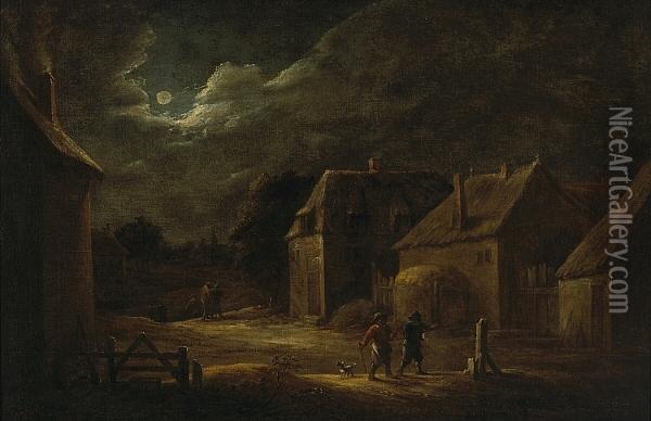 A Moonlit Village Street With Peasants And A Dog Oil Painting - David The Younger Teniers