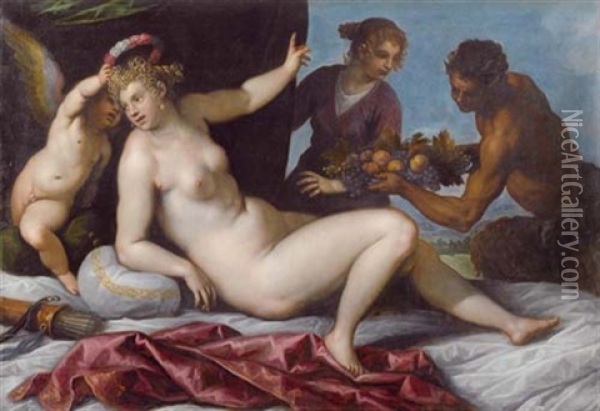 Venus Wird Von Amor Gekront Wahrend Satyrn Und Eine Nymphe Ihr Fruchte Reichen Oil Painting - Jacopo Palma il Giovane