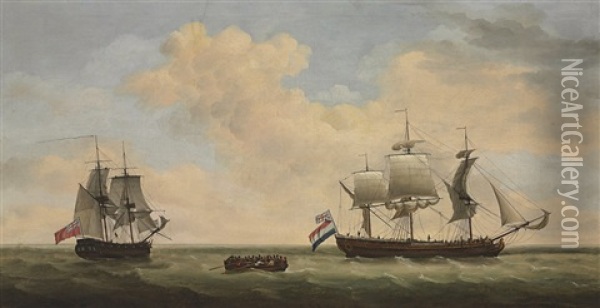 A Royal Navy 14-gun Brig Accepting The Surrender Of A Dutch East Indiaman Oil Painting - Francis Holman