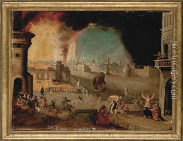Aeneas Rescuing His Father Anchises From The Burning City Of Troy Oil Painting - Jakob Isaaksz Swanenburgh