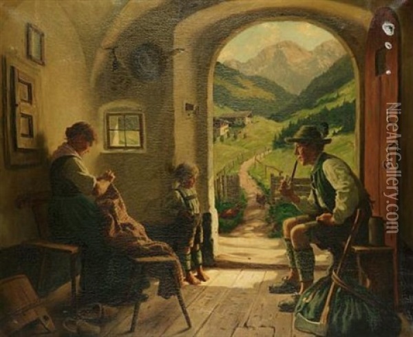 A Family In An Interior With An Extensive Alpine Landscape Beyond Oil Painting - Emil Rau