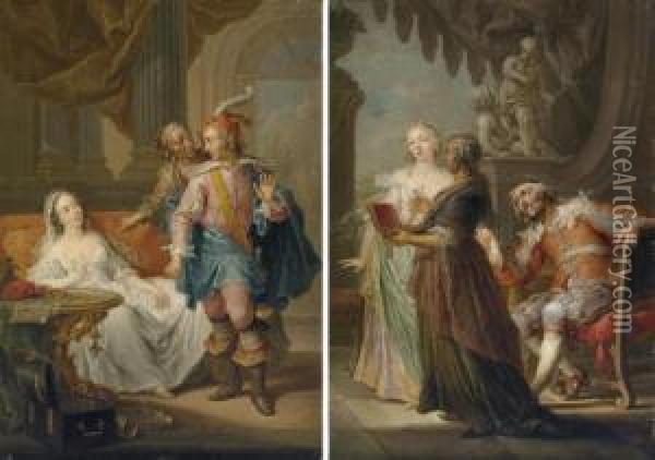 An Elegant Couple With An Old 
Maid In An Interior; And An Elegant Couple With An Old Maid In An 
Exterior Oil Painting - Franz Christoph Janneck