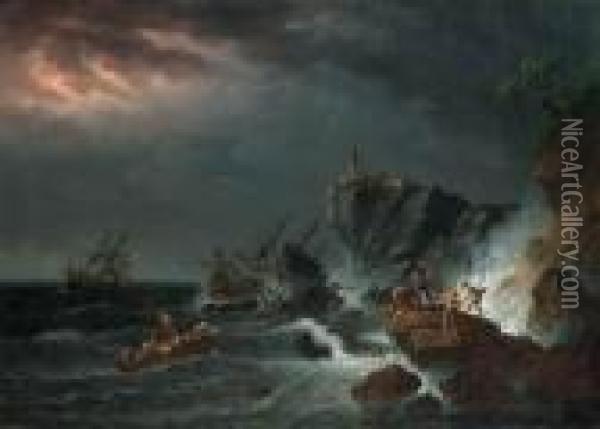 A Rocky Coast In A Storm With A 
Shipwrecked Sailing Boat Andfishermen Casting A Rope To A Rowing Boat In
 Peril Oil Painting - Loutherbourg, Philippe de