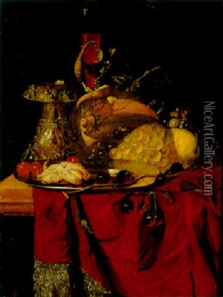 Still Life With Grapes, Cherries, A Melon, Two Glasses And Other Objects On A Ledge Oil Painting - Christian Striep