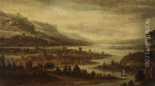 Landscape With A City By A River Oil Painting - Dionys Verburgh
