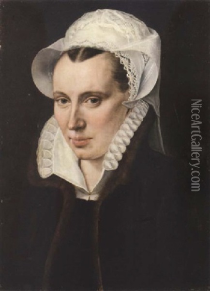 Portrait Of A Lady, Aged 31, In A Black Dress Trimmed With Fur, A White Ruff Collar And A White Headdress Oil Painting - Adriaen Thomasz Key