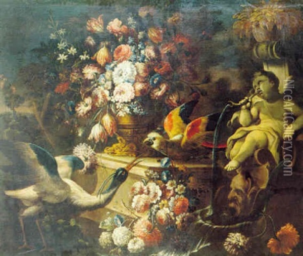 Bodegon De Flores En Un Jardin Con Pajaros Y Fuente En Forma De Angelito Oil Painting - Nicola Casissa
