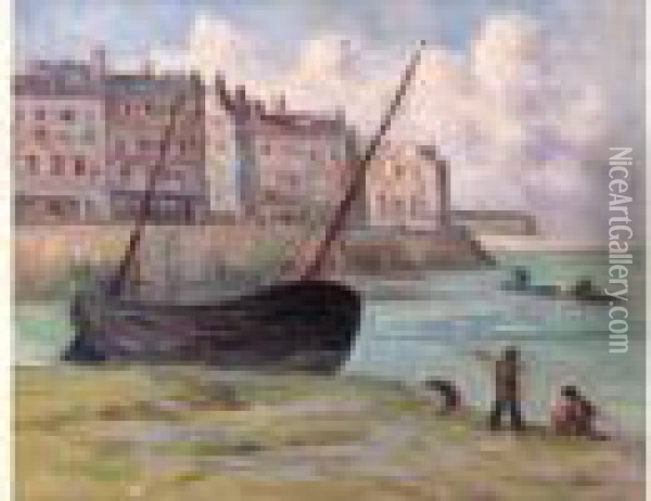 Le Treport, Barque De Peche Echouee Dans Le Port Oil Painting - Maximilien Luce