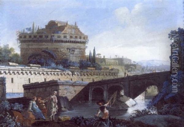 Pont Sur Le Tibre Pres Du Chateau Saint-ange Oil Painting - Francesco Caccianiga
