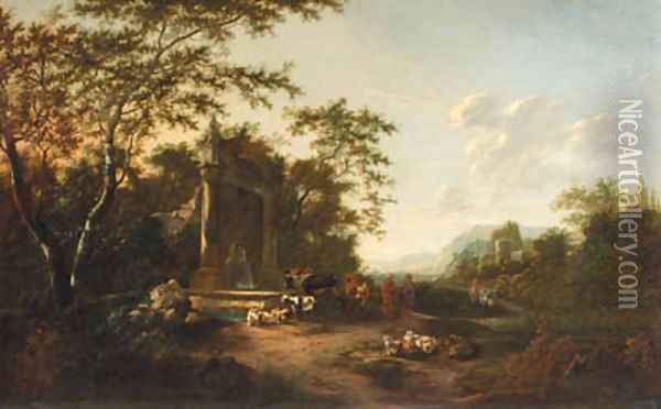 Shepherds with cattle and sheep by a fountain in an Italianate landscape, at sunset Oil Painting - Frederick De Moucheron
