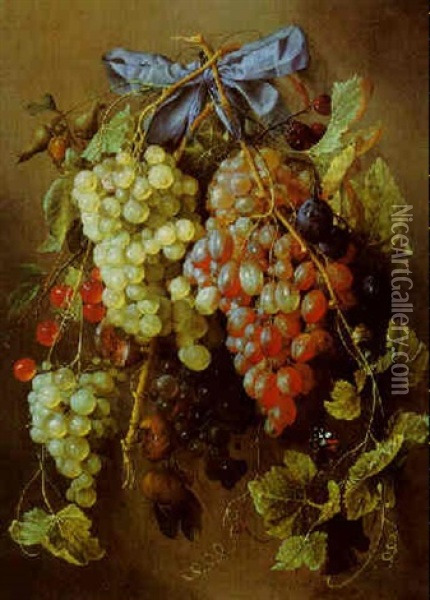 A Still Life Of Grapes, Cherries, Plums, And Hazelnuts, Hanging From A Nail With A Blue Ribbon, With A Butterfly And Snail Oil Painting - Cornelis De Heem