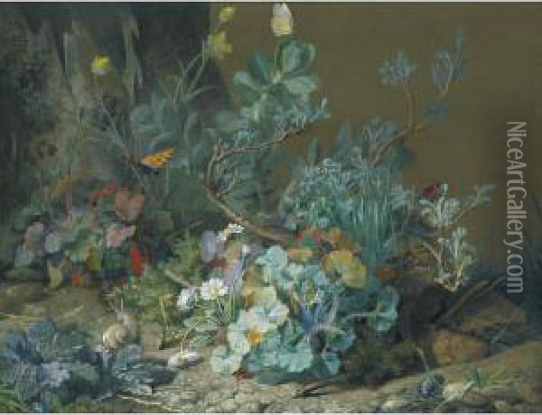 Fleurs, Papillon Et Escargot Oil Painting - Jean Marie Reignier