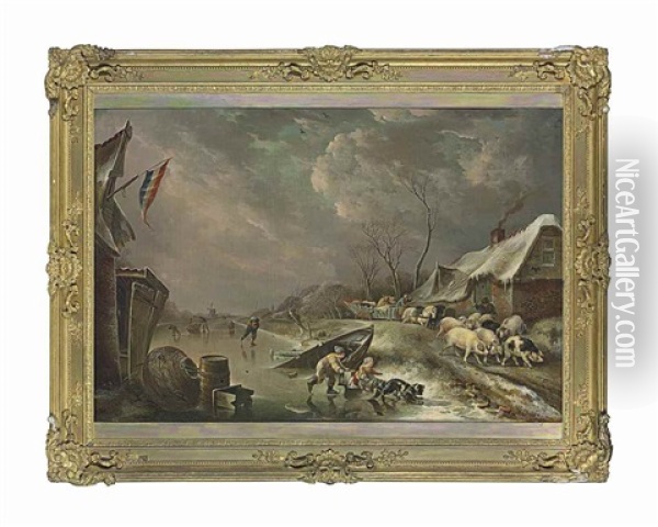 A Frozen River Landscape, With Skaters And Children On The Ice, Pigs And A Wagon On A Road By A Cottage Oil Painting - Andries Vermeulen