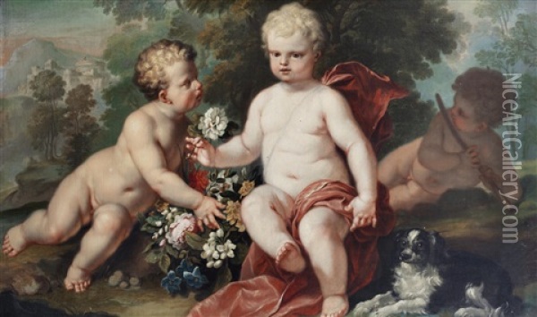 Cherubs And A Spaniel Before A Landscape Oil Painting - Pieter Hardime