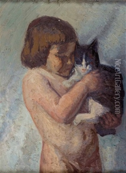 Kind Mit Katze Oil Painting - Emmanuel Zairis