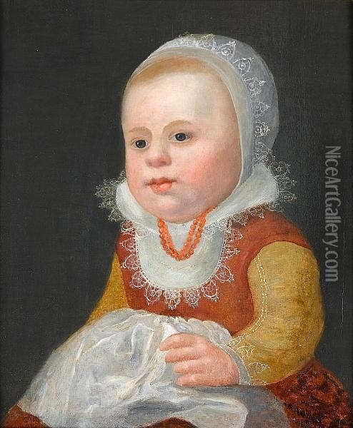 Portrait Of A Young Girl, Half-length, In A Red Dress With A White Lace Collar And Cap Oil Painting - Adriaen Van De Linde