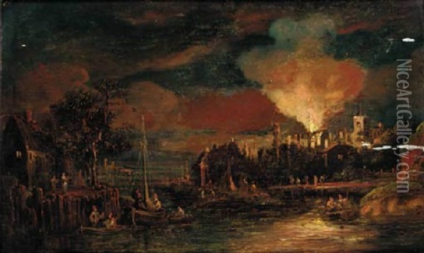 A Harbour At Night With A Fire Burning In A Town Beyond Oil Painting - Adriaen Lievensz van der Poel