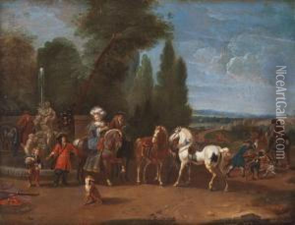 Elegante Rastende Jagdgesellschaft Zu Pferde Oil Painting - Pieter Wouwermans or Wouwerman