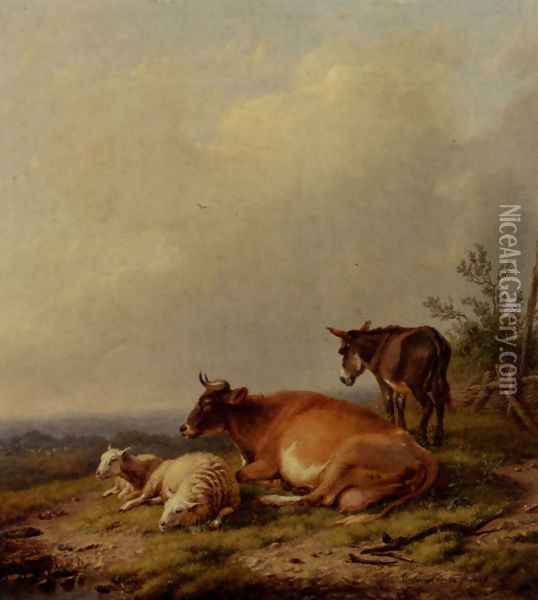 A Cow, A Sheep And A Donkey Oil Painting - Eugene Verboeckhoven