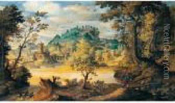 A River Landscape With A Traveller Crossing A Bridge In The Foreground, A Town Beyond Oil Painting - Paul Bril