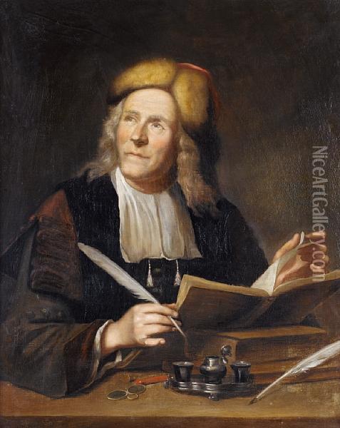 Portrait Of A Gentleman, Half-length, Seatedat His Desk Writing Oil Painting - Godfried Schalcken