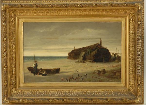 Figures On A Beach With Shipwreck Oil Painting - George Fisher Daniels