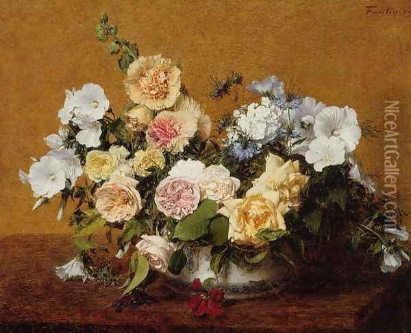 Bouquet of Roses and Other Flowers Oil Painting - Ignace Henri Jean Fantin-Latour