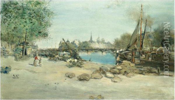 Le Port Saint-nicolas Avec Notre-dame A L'arriere-plan Oil Painting - Jean-Francois Raffaelli