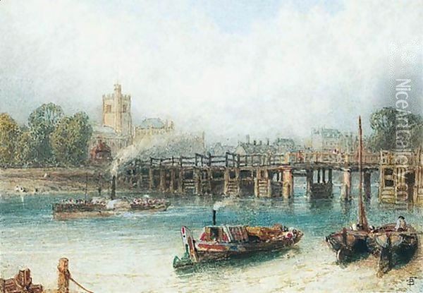 Boats On The Thames At Putney Bridge Oil Painting - Myles Birket Foster