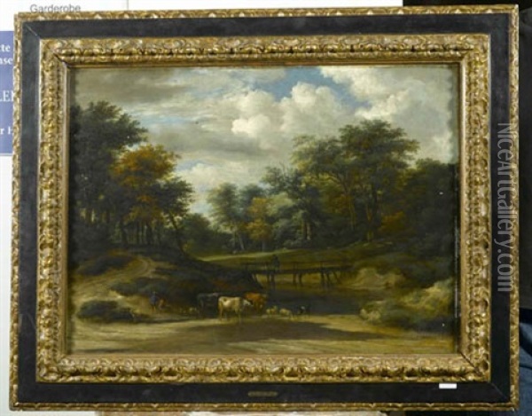 Waldweg Mit Vieh Und Hirten An Einem Teich Oil Painting - Jacob van Ruysdael