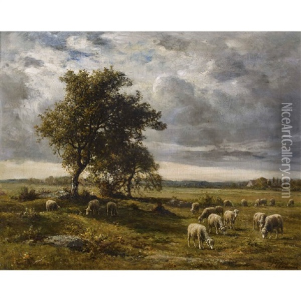 Weite Landschaft Mit Weidender Schafherde Oil Painting - Jean Ferdinand Chaigneau