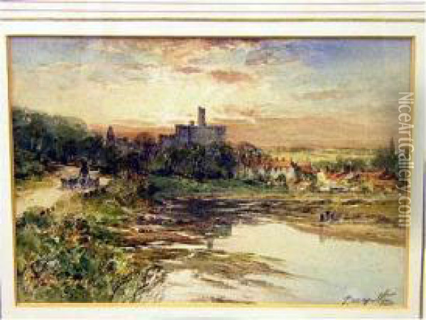 Sunset Over Warkworth Castle With River And Sheep On Track, Signed Oil Painting - Thomas Swift Hutton