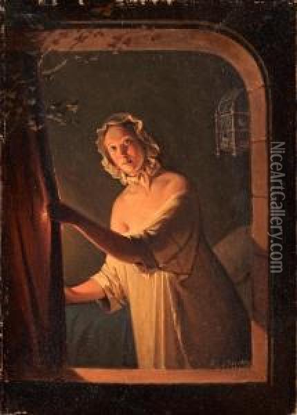 Girl By Light Oil Painting - Johan Gustav Sandberg