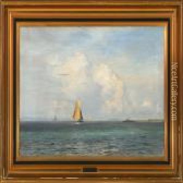 Marine With Sailing Ships Off A Coast Oil Painting - Vilhelm Karl Ferd. Arnesen