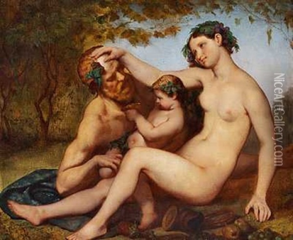 Bacchus Med En Kvinde Og Et Barn Ved Sin Side. Alle Tre Med Vinlov I Haret Oil Painting - Henri Camille Danger
